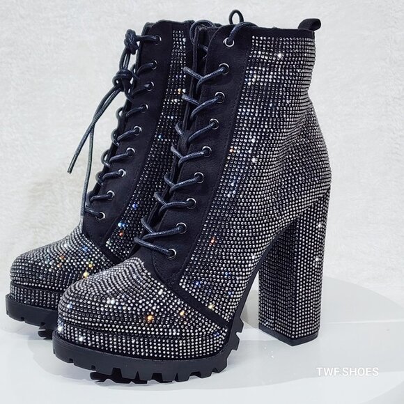 Wild Diva Shoes - Lug Sole Rhinestone Chunky Block High Heel Ankle Boots Booties Vivian
